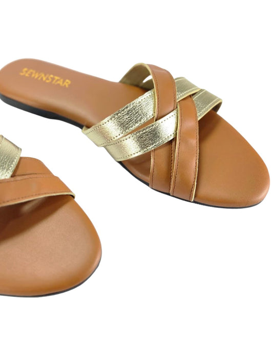Golden & Tan Slip-On Flat